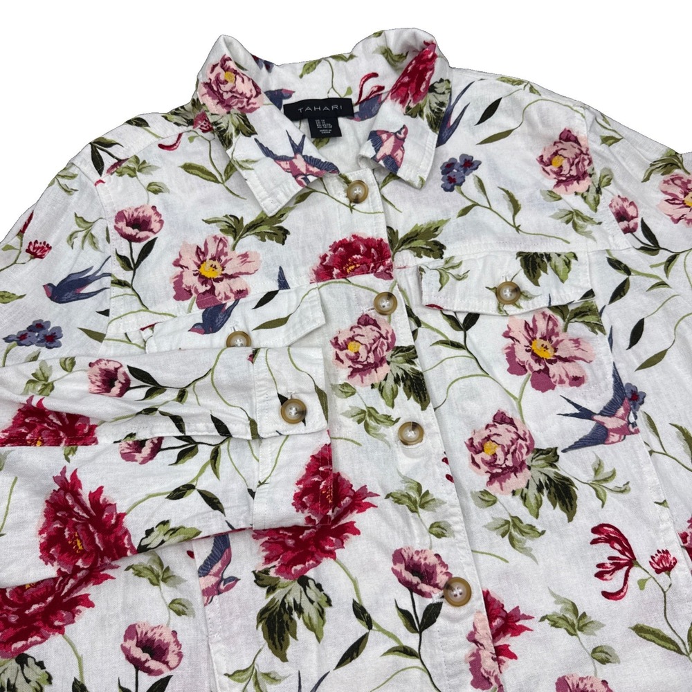 Tahari Jacket Women's 1X White Pink Floral Birds Linen Blend Shirt Garden Party